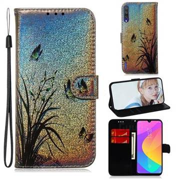 Butterfly Orchid Laser Shining Leather Wallet Phone Case for Xiaomi Mi A3