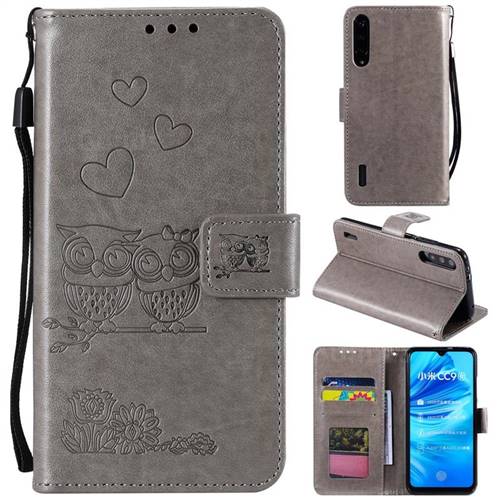 Embossing Owl Couple Flower Leather Wallet Case for Xiaomi Mi A3 - Gray