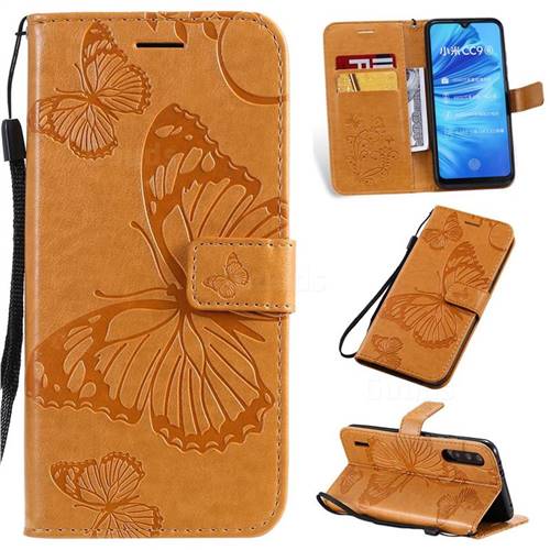 Embossing 3D Butterfly Leather Wallet Case for Xiaomi Mi A3 - Yellow