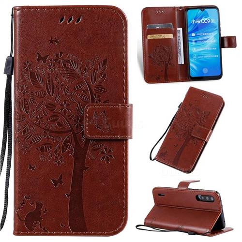 Embossing Butterfly Tree Leather Wallet Case for Xiaomi Mi A3 - Coffee