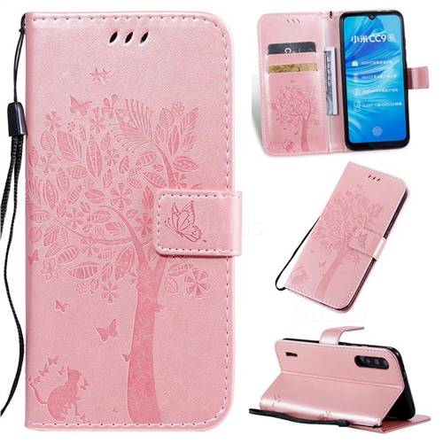 Embossing Butterfly Tree Leather Wallet Case for Xiaomi Mi A3 - Rose Pink