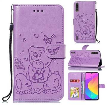 Embossing Butterfly Heart Bear Leather Wallet Case for Xiaomi Mi A3 - Purple