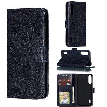 Intricate Embossing Lace Jasmine Flower Leather Wallet Case for Xiaomi Mi A3 - Dark Blue