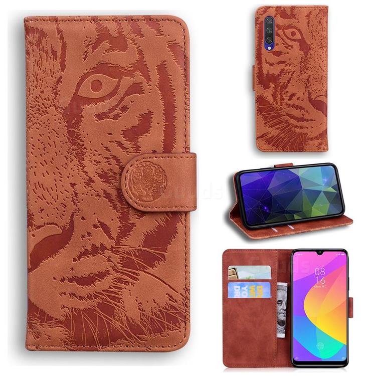 Intricate Embossing Tiger Face Leather Wallet Case for Xiaomi Mi A3 - Brown