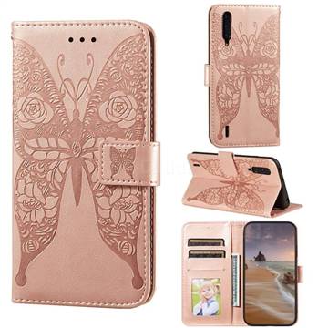 Intricate Embossing Rose Flower Butterfly Leather Wallet Case for Xiaomi Mi A3 - Rose Gold