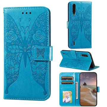 Intricate Embossing Rose Flower Butterfly Leather Wallet Case for Xiaomi Mi A3 - Blue