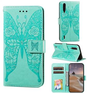 Intricate Embossing Rose Flower Butterfly Leather Wallet Case for Xiaomi Mi A3 - Green