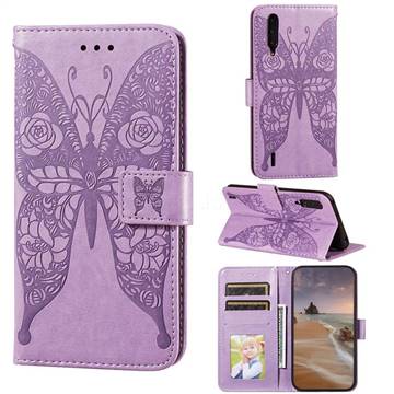 Intricate Embossing Rose Flower Butterfly Leather Wallet Case for Xiaomi Mi A3 - Purple