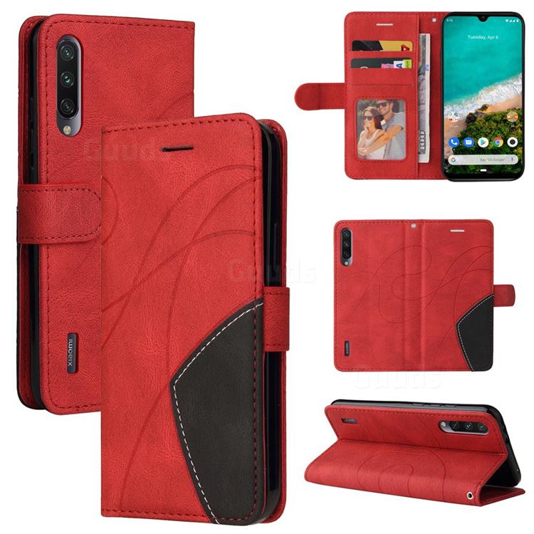 Luxury Two-color Stitching Leather Wallet Case Cover for Xiaomi Mi A3 - Red