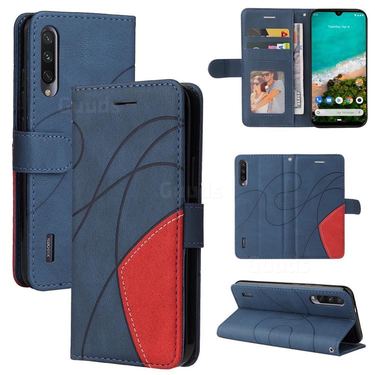 Luxury Two-color Stitching Leather Wallet Case Cover for Xiaomi Mi A3 - Blue