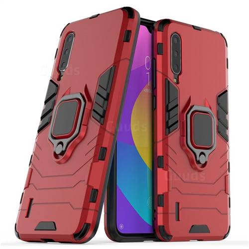 Black Panther Armor Metal Ring Grip Shockproof Dual Layer Rugged Hard Cover for Xiaomi Mi CC9 (Mi CC9mt Meitu Edition) - Red