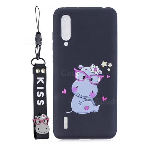 Black Flower Hippo Soft Kiss Candy Hand Strap Silicone Case for Xiaomi Mi CC9 (Mi CC9mt Meitu Edition)