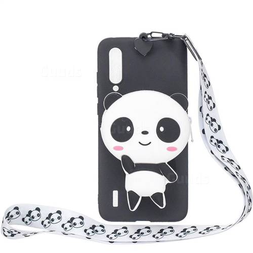 White Panda Neck Lanyard Zipper Wallet Silicone Case for Xiaomi Mi CC9 (Mi CC9mt Meitu Edition)