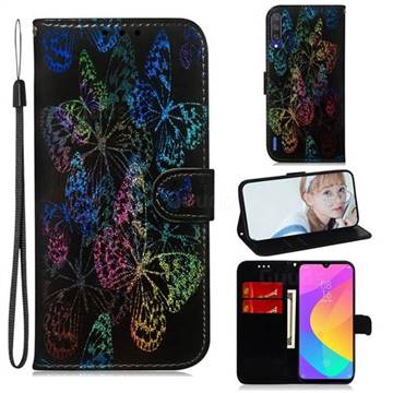 Black Butterfly Laser Shining Leather Wallet Phone Case for Xiaomi Mi CC9 (Mi CC9mt Meitu Edition)