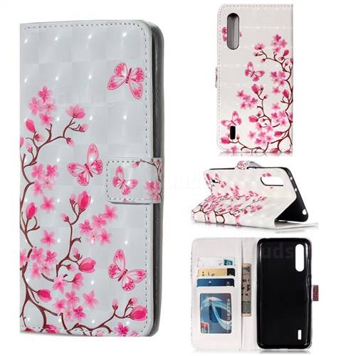 Butterfly Sakura Flower 3D Painted Leather Phone Wallet Case for Xiaomi Mi CC9 (Mi CC9mt Meitu Edition)