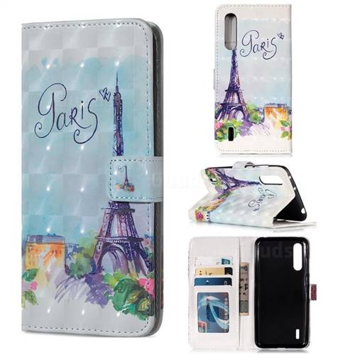 Paris Tower 3D Painted Leather Phone Wallet Case for Xiaomi Mi CC9 (Mi CC9mt Meitu Edition)