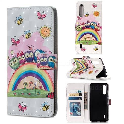 Rainbow Owl Family 3D Painted Leather Phone Wallet Case for Xiaomi Mi CC9 (Mi CC9mt Meitu Edition)