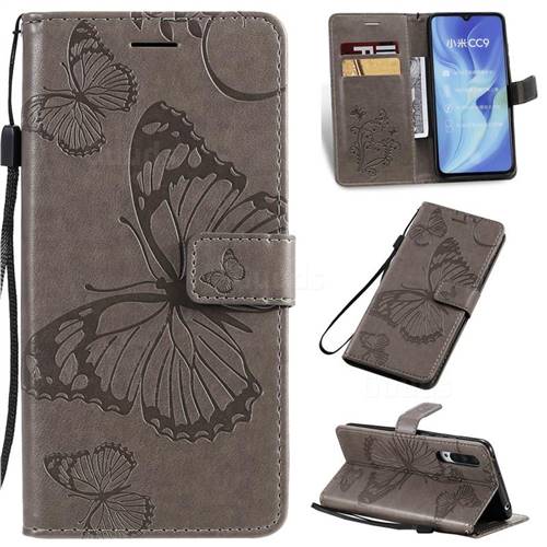 Embossing 3D Butterfly Leather Wallet Case for Xiaomi Mi CC9 (Mi CC9mt Meitu Edition) - Gray