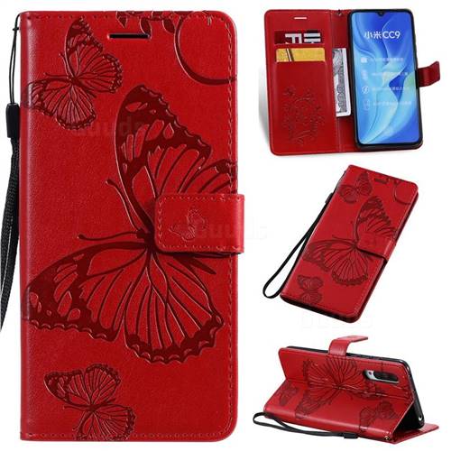 Embossing 3D Butterfly Leather Wallet Case for Xiaomi Mi CC9 (Mi CC9mt Meitu Edition) - Red