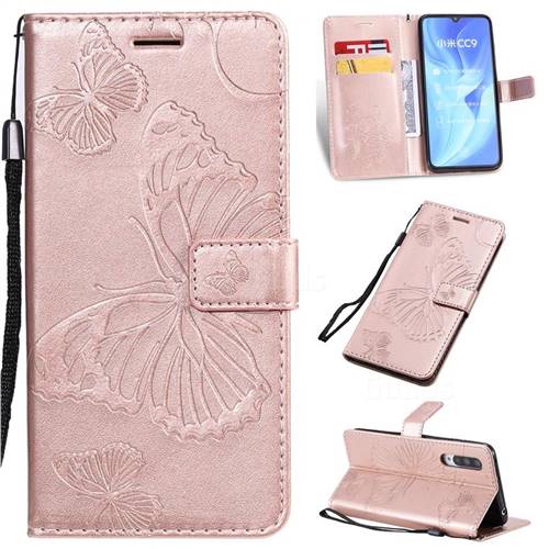 Embossing 3D Butterfly Leather Wallet Case for Xiaomi Mi CC9 (Mi CC9mt Meitu Edition) - Rose Gold