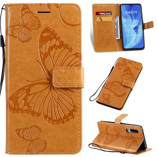 Embossing 3D Butterfly Leather Wallet Case for Xiaomi Mi CC9 (Mi CC9mt Meitu Edition) - Yellow