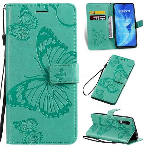 Embossing 3D Butterfly Leather Wallet Case for Xiaomi Mi CC9 (Mi CC9mt Meitu Edition) - Green