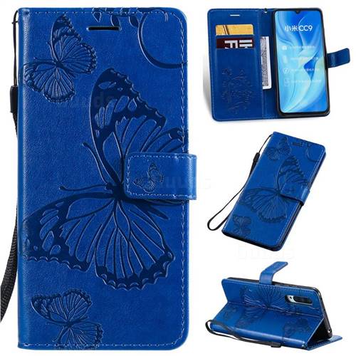 Embossing 3D Butterfly Leather Wallet Case for Xiaomi Mi CC9 (Mi CC9mt Meitu Edition) - Blue