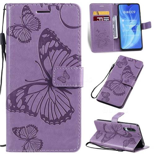 Embossing 3D Butterfly Leather Wallet Case for Xiaomi Mi CC9 (Mi CC9mt Meitu Edition) - Purple