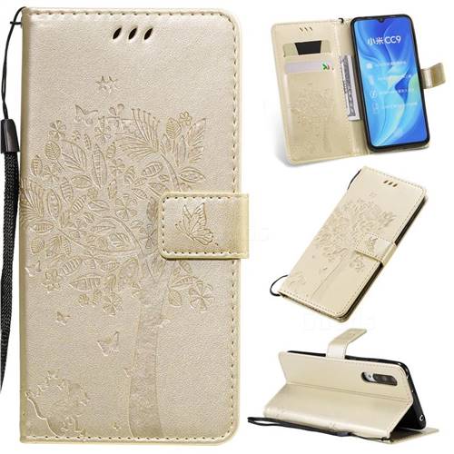 Embossing Butterfly Tree Leather Wallet Case for Xiaomi Mi CC9 (Mi CC9mt Meitu Edition) - Champagne