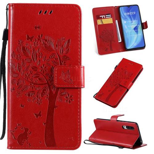 Embossing Butterfly Tree Leather Wallet Case for Xiaomi Mi CC9 (Mi CC9mt Meitu Edition) - Red