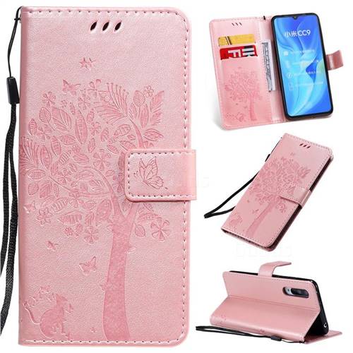 Embossing Butterfly Tree Leather Wallet Case for Xiaomi Mi CC9 (Mi CC9mt Meitu Edition) - Rose Pink