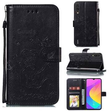 Embossing Butterfly Heart Bear Leather Wallet Case for Xiaomi Mi CC9 (Mi CC9mt Meitu Edition) - Black