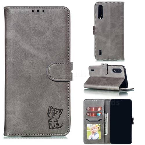Embossing Happy Cat Leather Wallet Case for Xiaomi Mi CC9 (Mi CC9mt Meitu Edition) - Gray