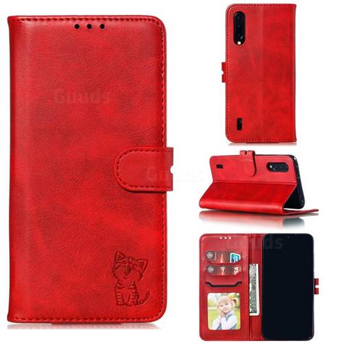 Embossing Happy Cat Leather Wallet Case for Xiaomi Mi CC9 (Mi CC9mt Meitu Edition) - Red
