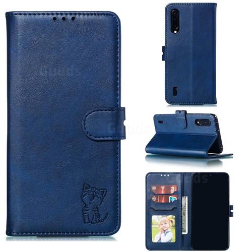 Embossing Happy Cat Leather Wallet Case for Xiaomi Mi CC9 (Mi CC9mt Meitu Edition) - Blue
