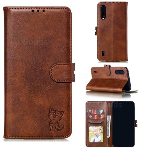 Embossing Happy Cat Leather Wallet Case for Xiaomi Mi CC9 (Mi CC9mt Meitu Edition) - Brown