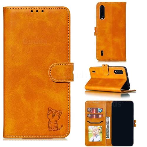 Embossing Happy Cat Leather Wallet Case for Xiaomi Mi CC9 (Mi CC9mt Meitu Edition) - Yellow