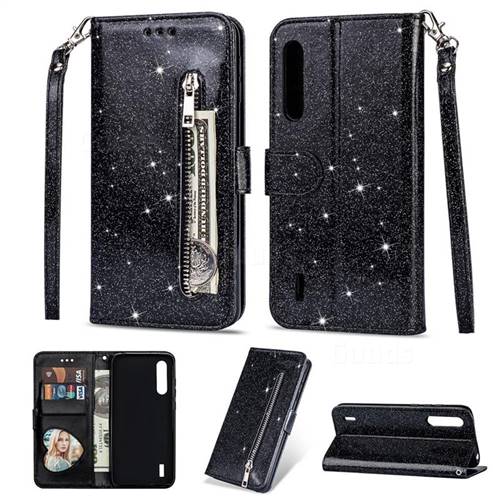 Glitter Shine Leather Zipper Wallet Phone Case for Xiaomi Mi CC9 (Mi CC9mt Meitu Edition) - Black