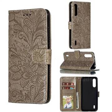 Intricate Embossing Lace Jasmine Flower Leather Wallet Case for Xiaomi Mi CC9 (Mi CC9mt Meitu Edition) - Gray