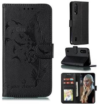 Intricate Embossing Lychee Feather Bird Leather Wallet Case for Xiaomi Mi CC9 (Mi CC9mt Meitu Edition) - Black