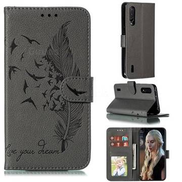 Intricate Embossing Lychee Feather Bird Leather Wallet Case for Xiaomi Mi CC9 (Mi CC9mt Meitu Edition) - Gray