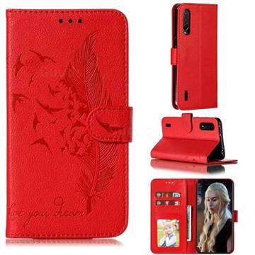 Intricate Embossing Lychee Feather Bird Leather Wallet Case for Xiaomi Mi CC9 (Mi CC9mt Meitu Edition) - Red