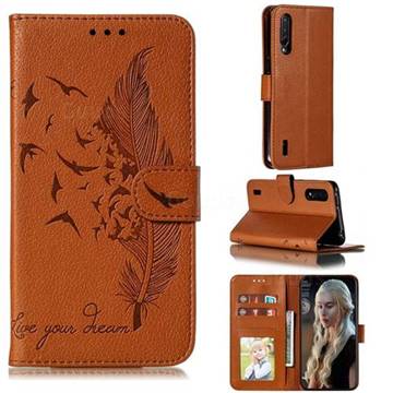 Intricate Embossing Lychee Feather Bird Leather Wallet Case for Xiaomi Mi CC9 (Mi CC9mt Meitu Edition) - Brown
