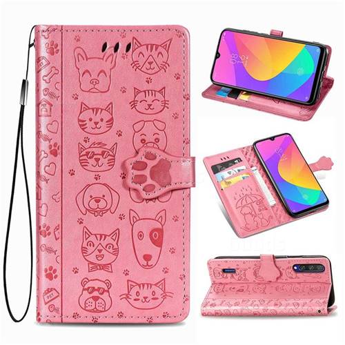 Embossing Dog Paw Kitten and Puppy Leather Wallet Case for Xiaomi Mi CC9 (Mi CC9mt Meitu Edition) - Pink