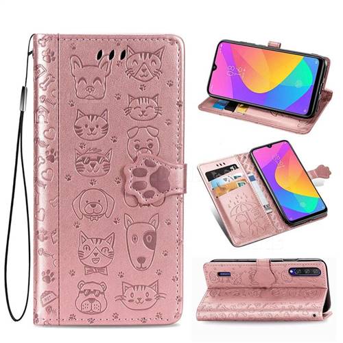Embossing Dog Paw Kitten and Puppy Leather Wallet Case for Xiaomi Mi CC9 (Mi CC9mt Meitu Edition) - Rose Gold