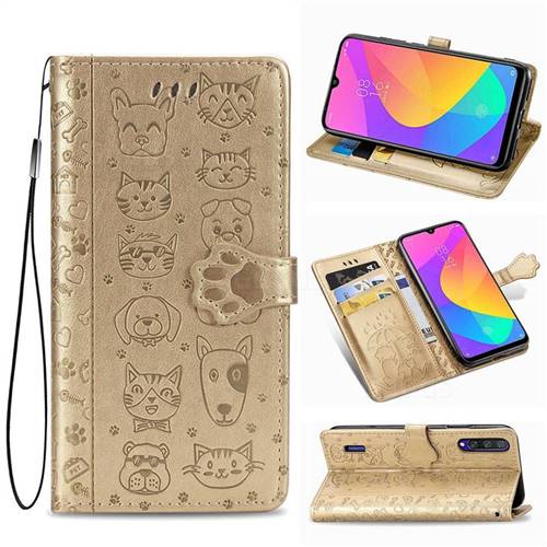 Embossing Dog Paw Kitten and Puppy Leather Wallet Case for Xiaomi Mi CC9 (Mi CC9mt Meitu Edition) - Champagne Gold