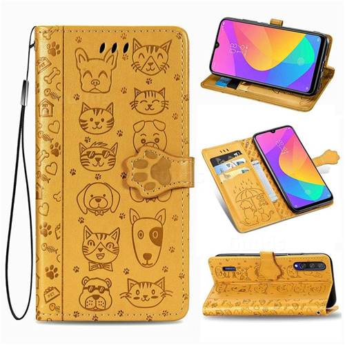 Embossing Dog Paw Kitten and Puppy Leather Wallet Case for Xiaomi Mi CC9 (Mi CC9mt Meitu Edition) - Yellow
