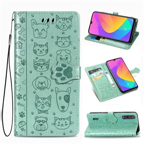Embossing Dog Paw Kitten and Puppy Leather Wallet Case for Xiaomi Mi CC9 (Mi CC9mt Meitu Edition) - Green