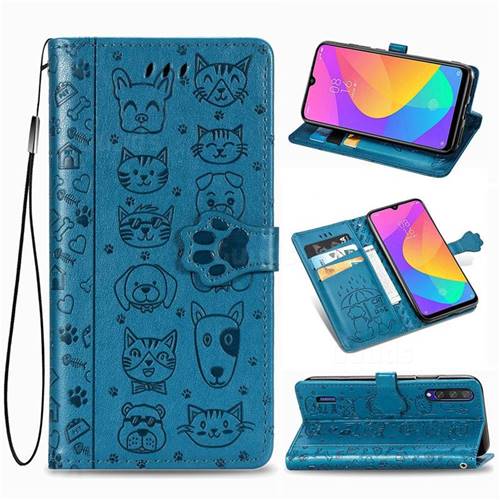 Embossing Dog Paw Kitten and Puppy Leather Wallet Case for Xiaomi Mi CC9 (Mi CC9mt Meitu Edition) - Blue