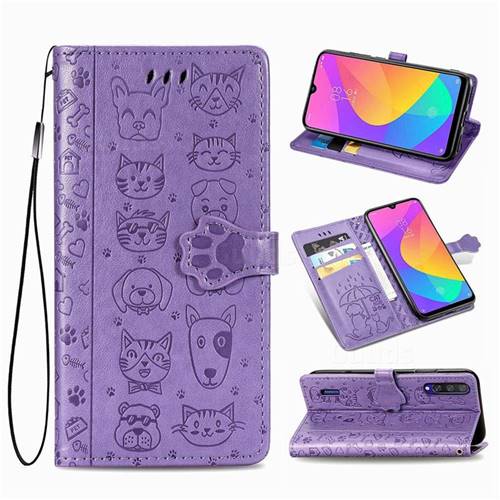 Embossing Dog Paw Kitten and Puppy Leather Wallet Case for Xiaomi Mi CC9 (Mi CC9mt Meitu Edition) - Purple